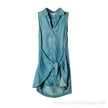 Damen V-Ausschnitt Denim Button Front Tie Knot Kleid